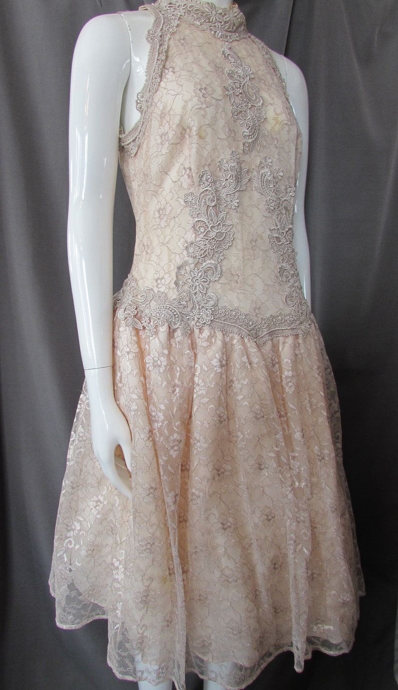 May include: A sleeveless, knee-length dress made of delicate lace with a high neckline and intricate floral embroidery. The dress is a pale pink color and has a flowing, feminine silhouette.