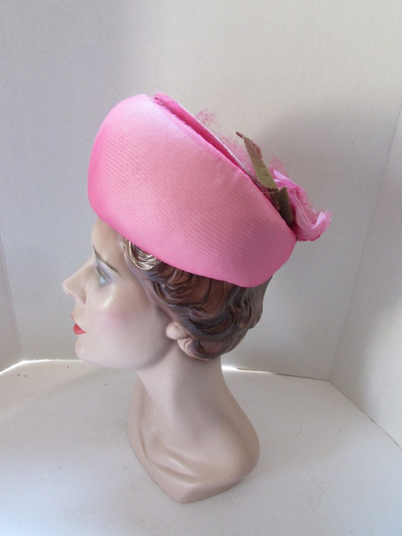 Vintage Hat Peony Pink Chiffon over Straw Pink Ro… - image 6