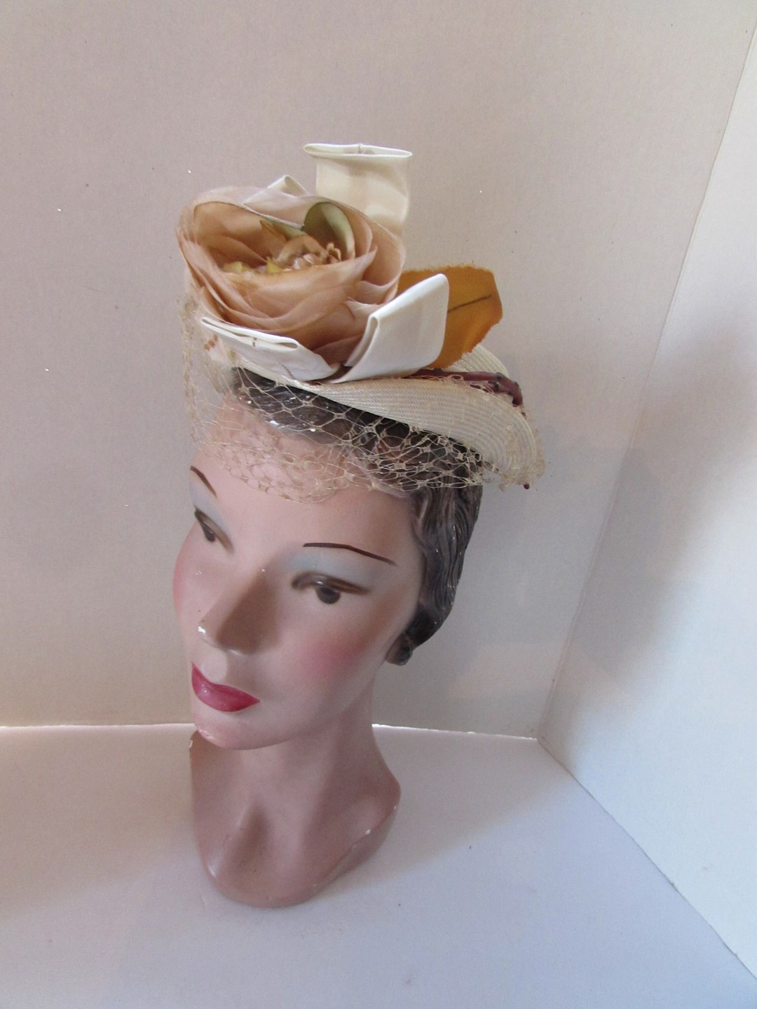 Vintage Hat Topper Hat Cream Tone Latte Bronze Rose Roberta 