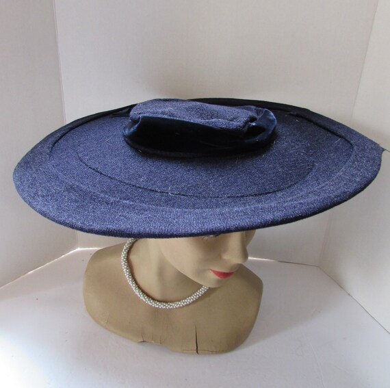 Vintage Hats Wide Brim Navy Fabric Velvet Ribbon … - image 5