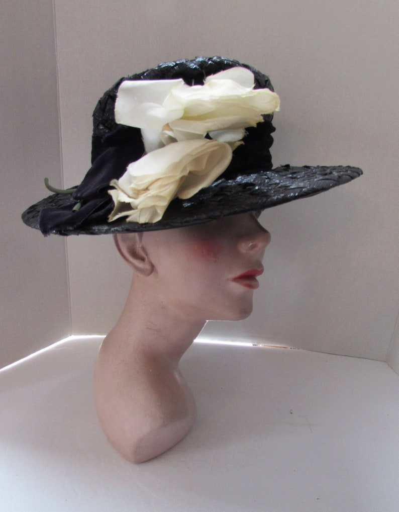 Mid Century Wide Brim Hat Black White Woven Cellophane White Roses Velvet Bow Vintage Hats Spring Hat Summer Hat High Fashion Hat image 1