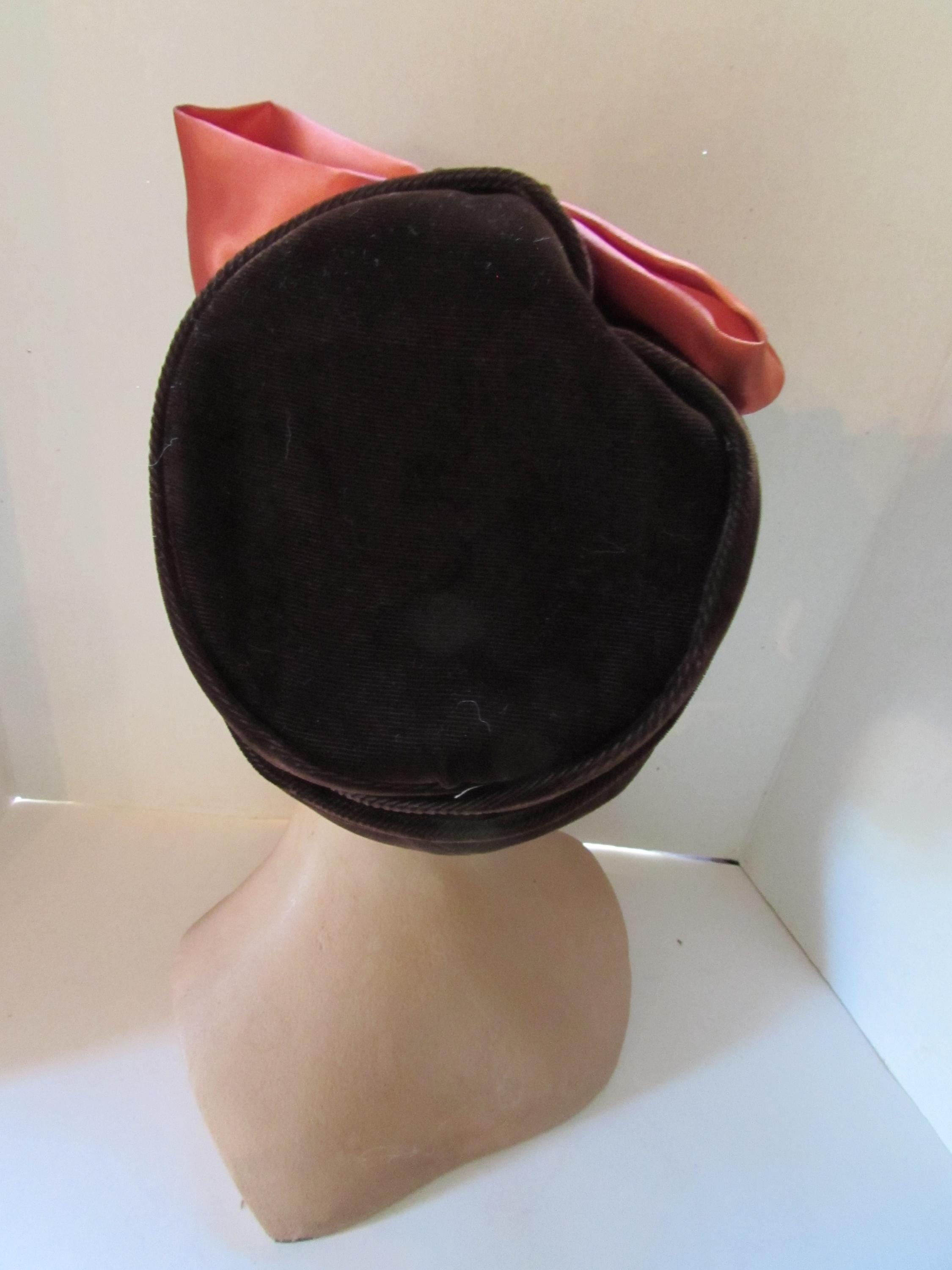Vintage Hat Bucket Hat Brown Velvet Huge Copper Bow Mid  display picture 2