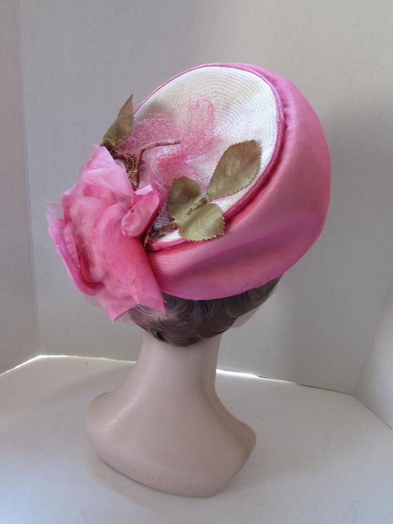 Vintage Hat Peony Pink Chiffon over Straw Pink Ro… - image 1