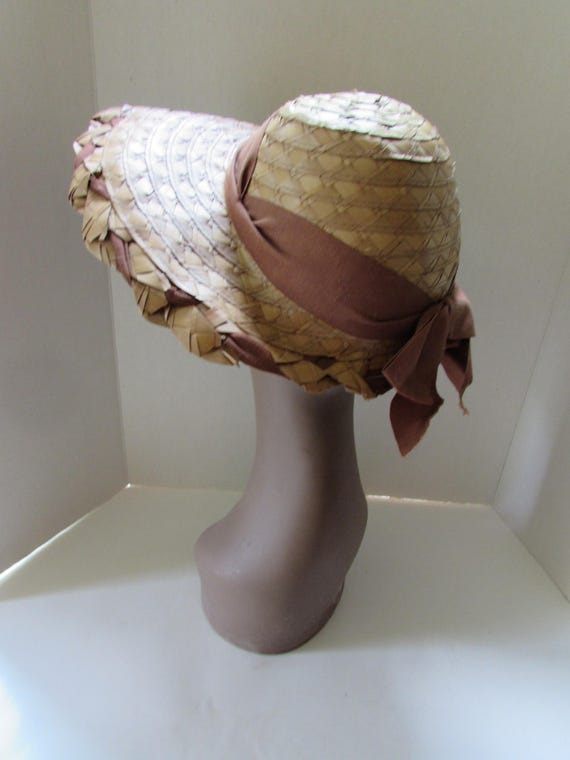 Vintage Straw Hat Woven Raffia Brown Ribbon Bow Wide Brim  display picture 2