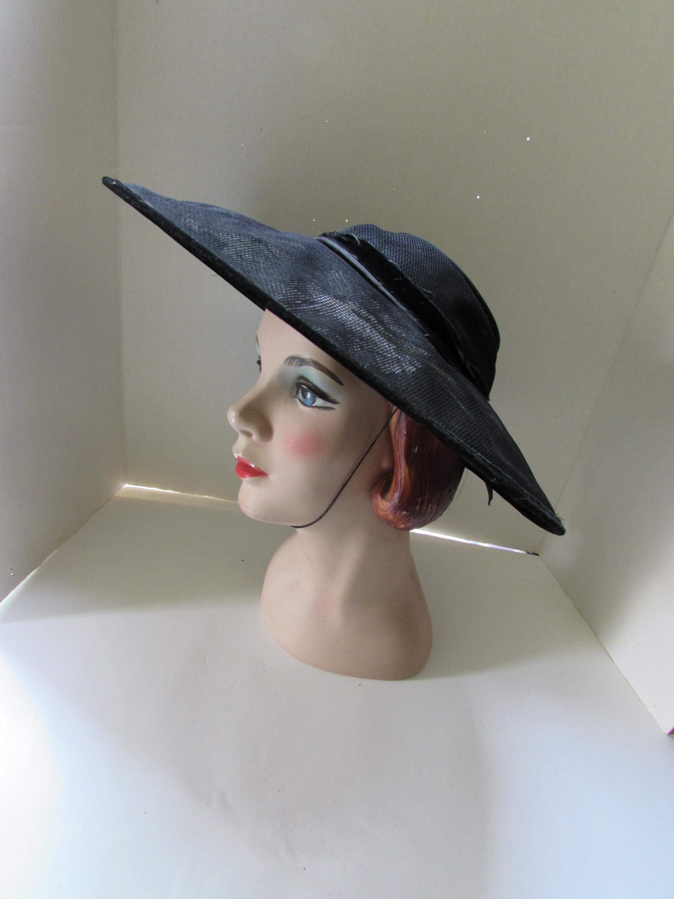 Wide Brim Black Net Hat, Hidden Daisies, Velvet Bow  display picture 1