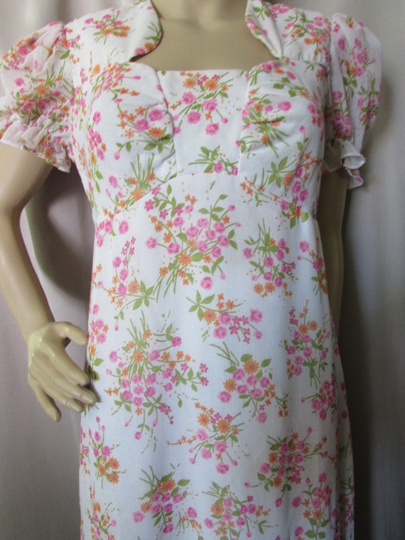 SALE Vintage Dress 1970 Era Garden Party Style Pink Peach Blossoms Long Dress Puff Sleeves