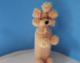 Whimsical Decorative Pink Poodle Bottle Cover Hand Crochet Rhinestone Eyes Yarn Puffs