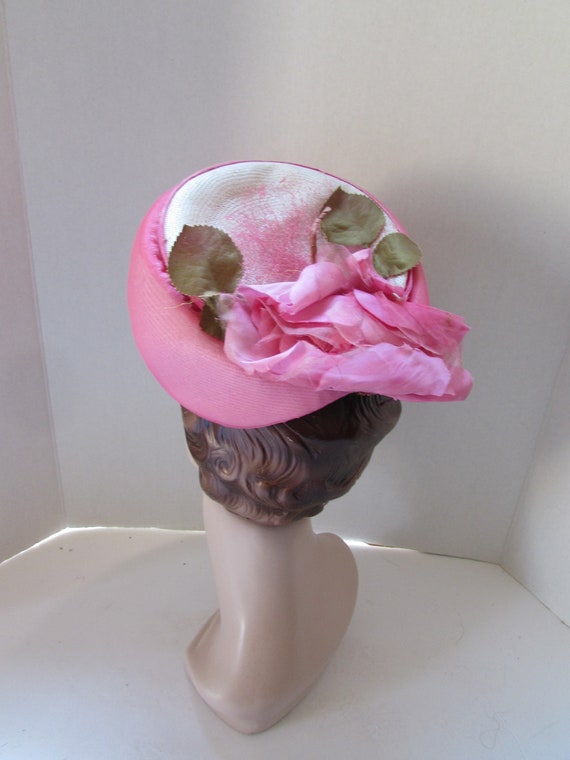 Vintage Hat Peony Pink Chiffon over Straw Pink Ro… - image 5