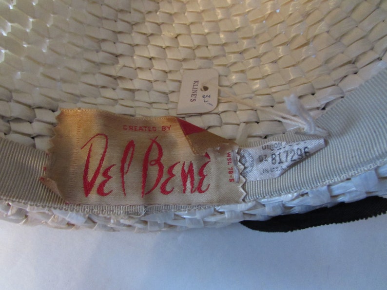 Mid Century Hat Bucket Hat White Millinery Cellophane Black Ribbon Band Del Bene Union Made Vintage Hats 1960 Era 1970 Style image 9