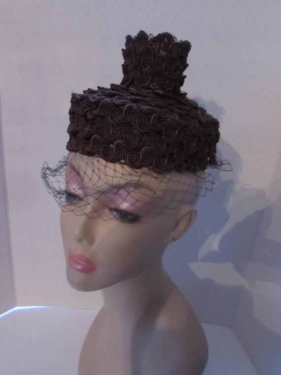 Mid Century Hat Vintage Hats Layered Brown Gimp C… - image 1