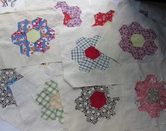 Vintage Quilt Blocks Hexagonal Squares Variety Prints Variety Sizes Hand Sewn Machine Sewn Cotton Squares