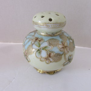 Antique Muffineer Moriage Style Japanese Origin String Line Relief Blue Lavender Pink Green Flower Petal Applied Gold Tone Vintage China