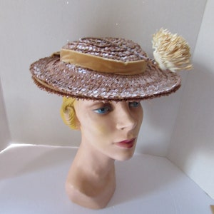 Vintage Hat Cocoa Tone Straw Raffia Blossom Caramel Velvet  display picture 2
