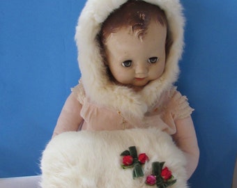 Child Size White Fur Cap Bonnet Fur Muff Child Winter Wear Vintage Child Wear Mid Century Style