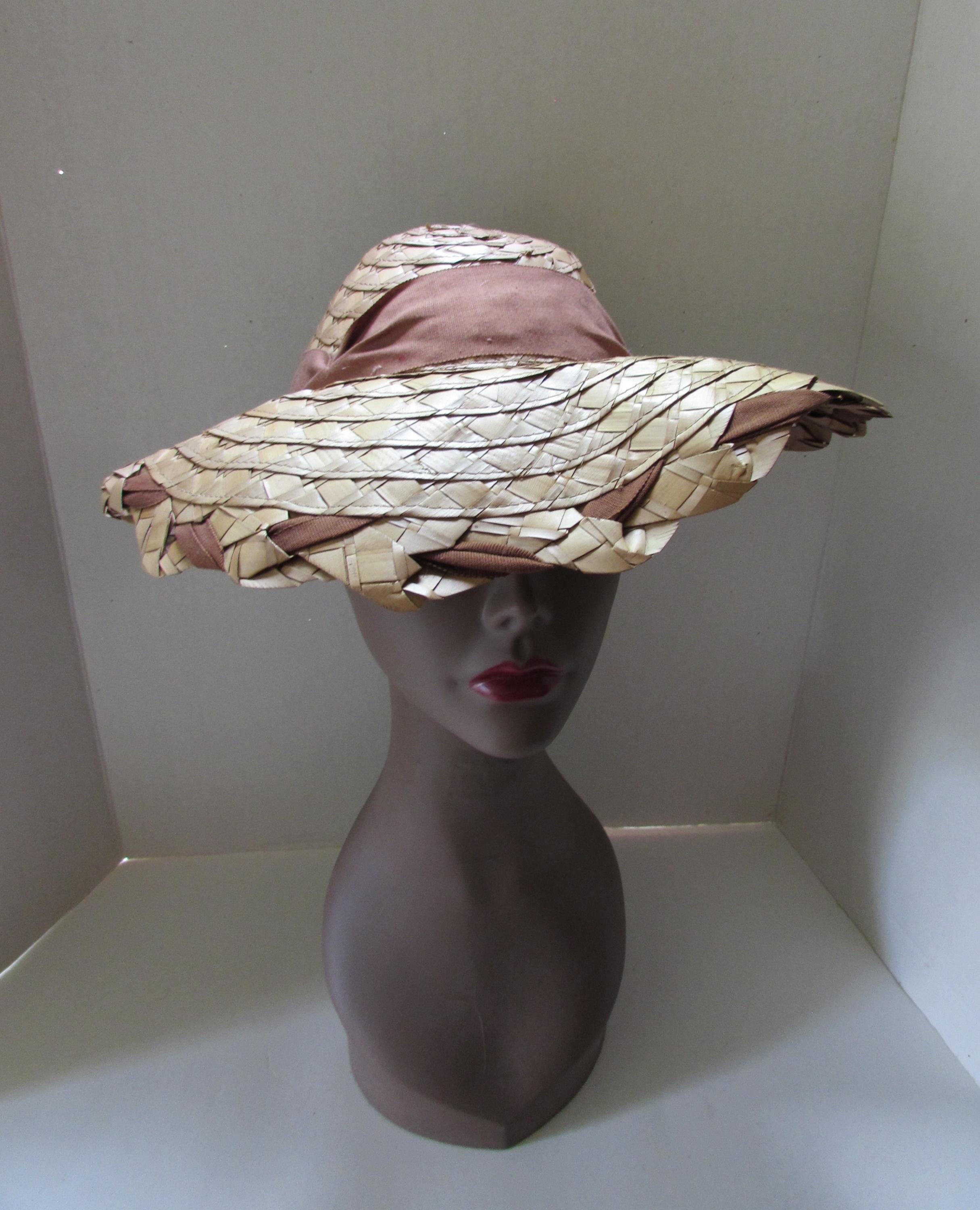 Vintage Straw Hat Woven Raffia Brown Ribbon Bow Wide Brim  display picture 1