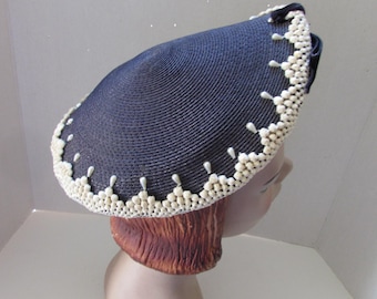 Vintage Navy Woven Hat, Faux Pearl Trim, 1950s Mid-Century Design