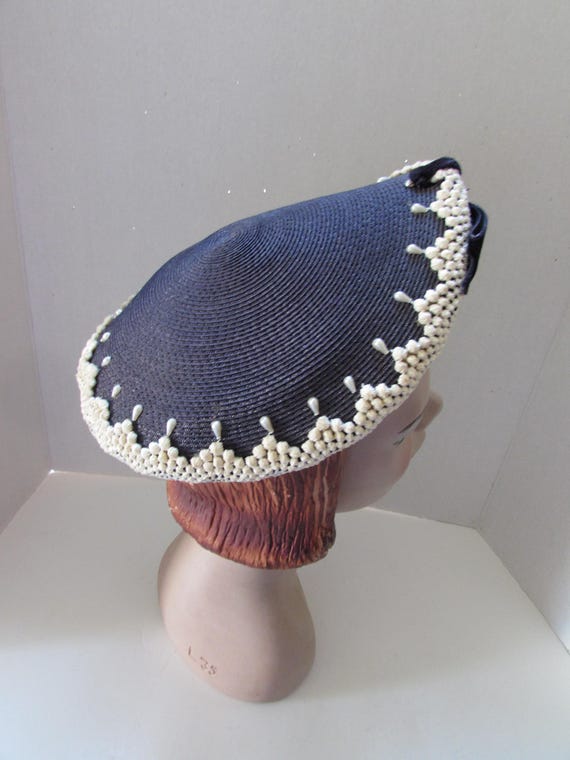 Vintage Navy Woven Hat, Faux Pearl Trim, 1950s Mid-century  display picture 1
