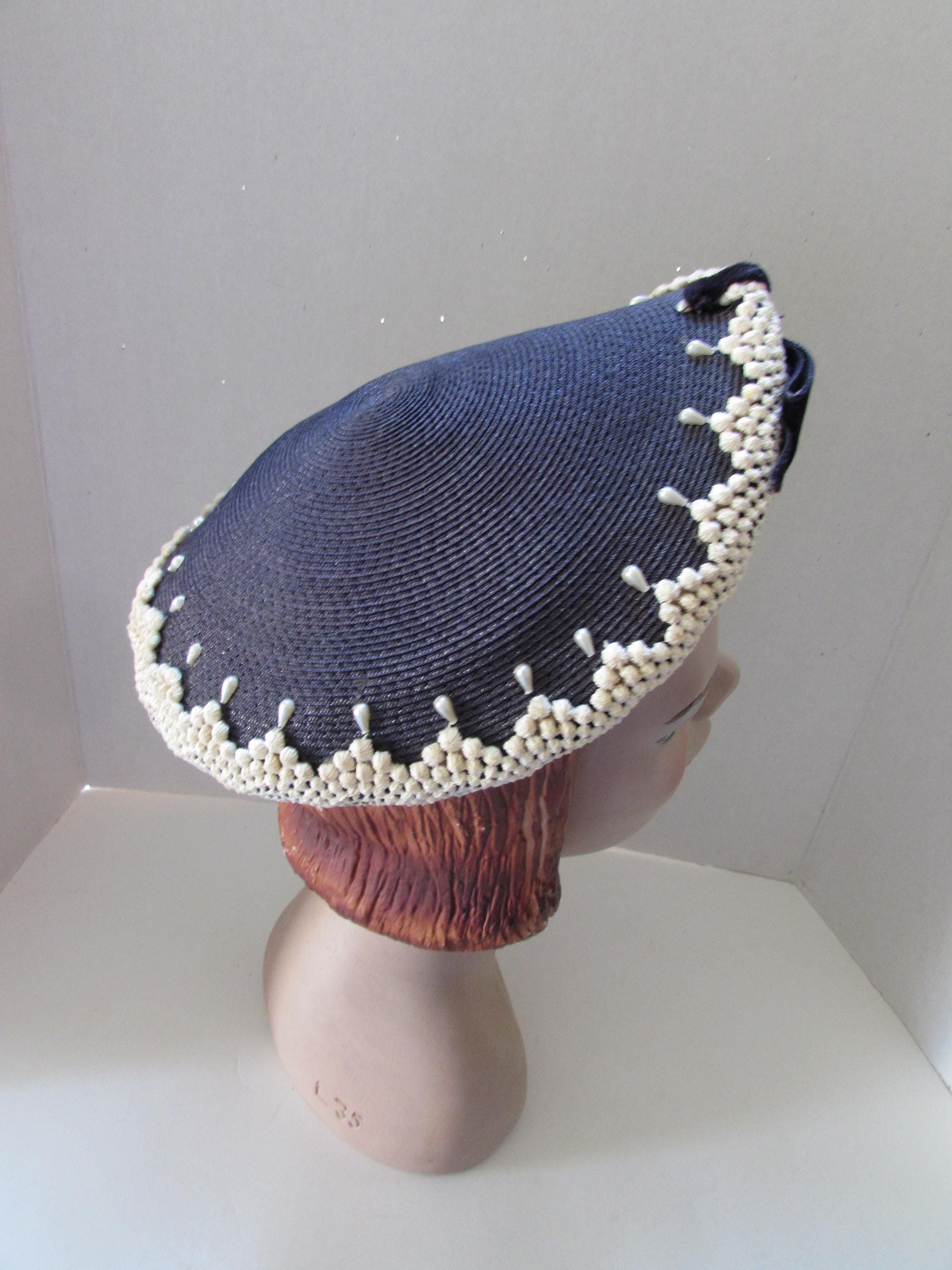 Vintage Hat Mid Century Design Navy Weave White Trim Faux  display picture 3