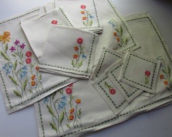Vintage Linens Luncheon Set Mats Napkins Coasters Cross Stitch Pretty Flowers Hand Made Never Used