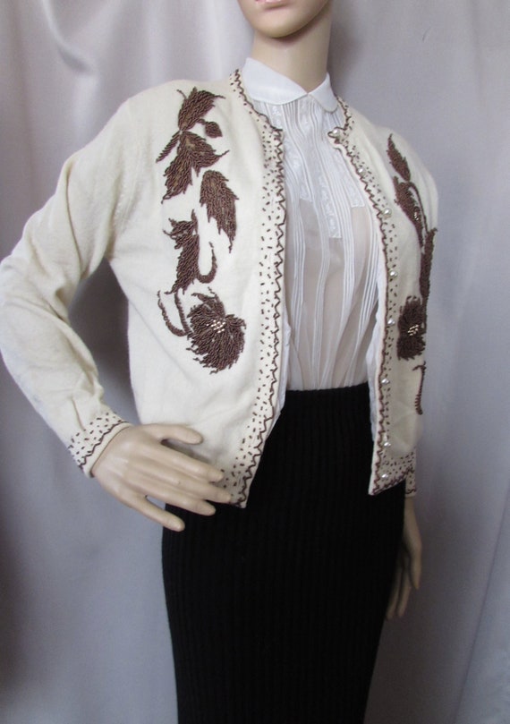 1950 Era Lambswool Sweater Copper Tone Beading Flo