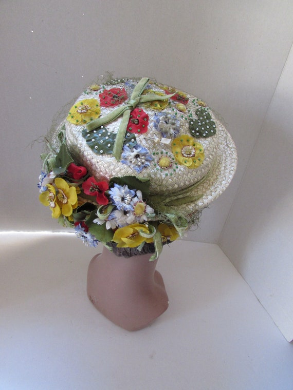 Vintage Hat Little Topper Cream Tone Weave Flower 