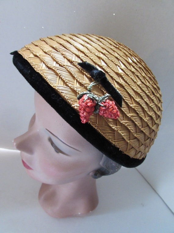 Vintage Hat Straw Topper Raffia Strawberries Black