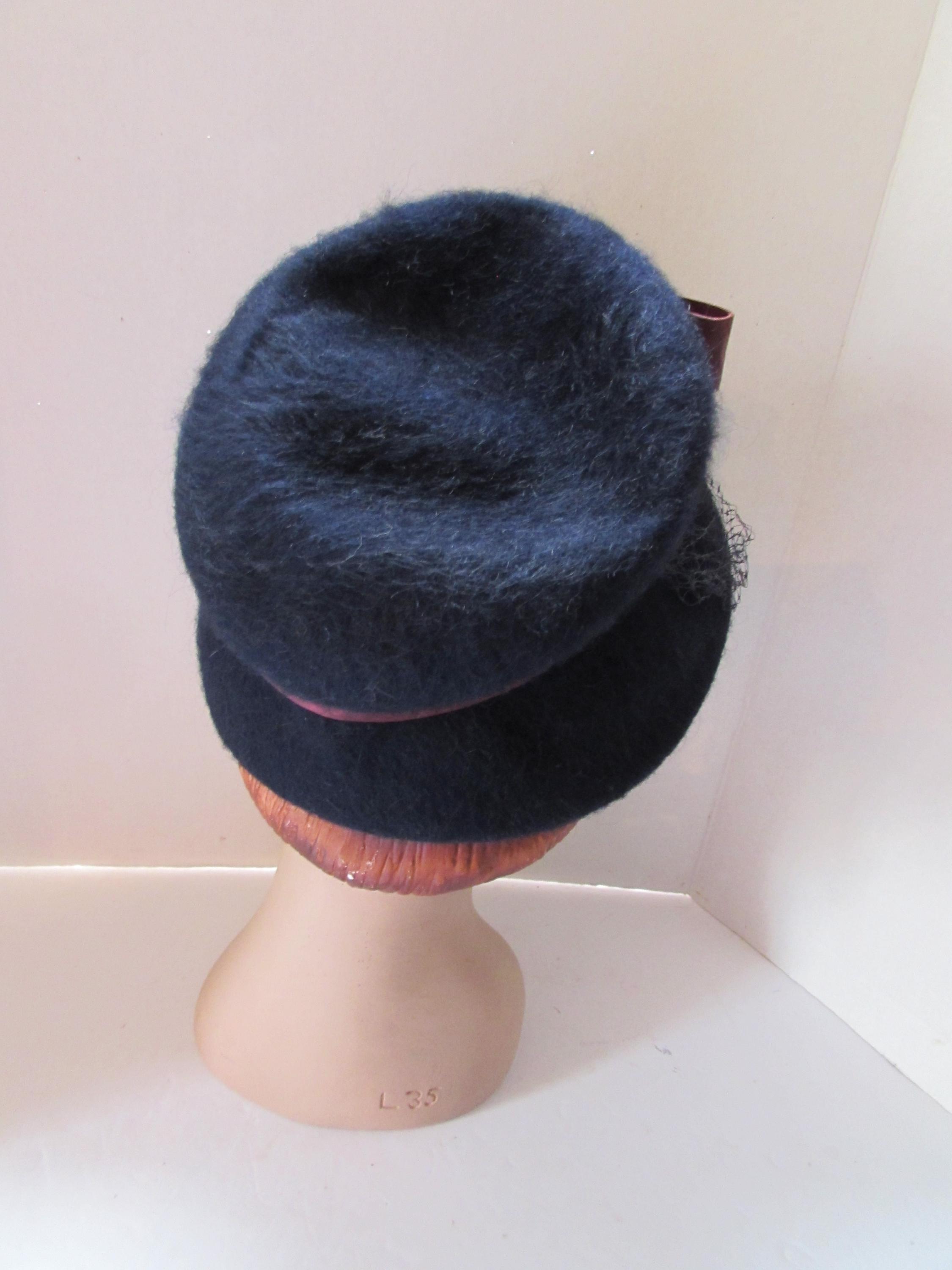 SALE  Vintage Hat  Bucket or Lampshade Style Navy Felt Burgundy Bow Burgundy Vintage Lady Felt Hat With Bow and Stitching  main image 4