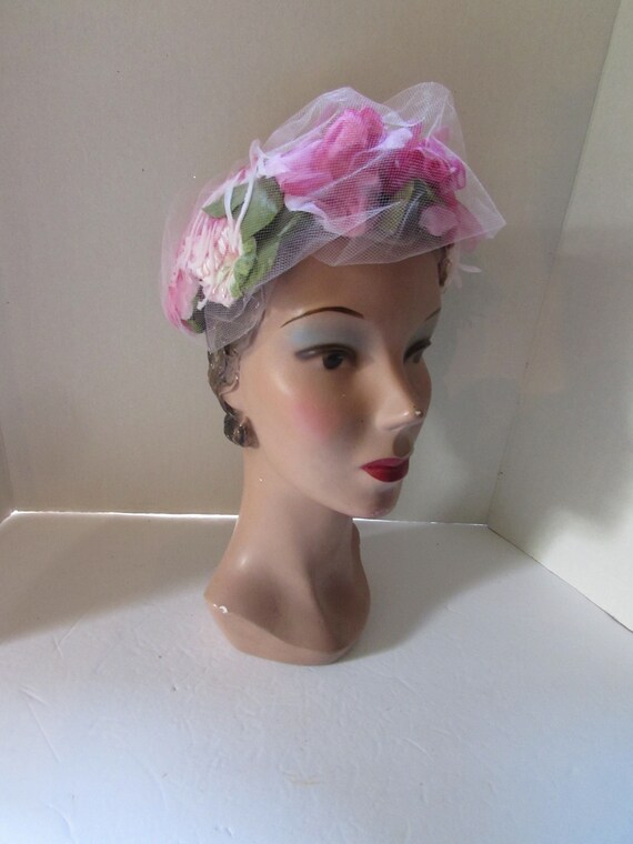 SALE Vintage Hat Mid Century Style Pink Roses Half