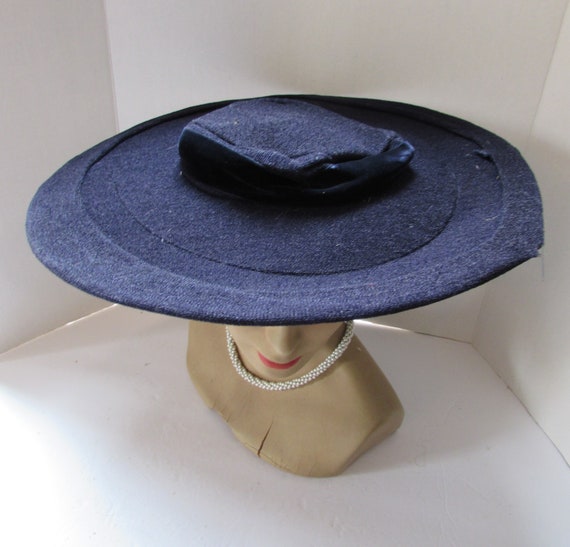 Vintage Hats Wide Brim Navy Fabric Velvet Ribbon … - image 1