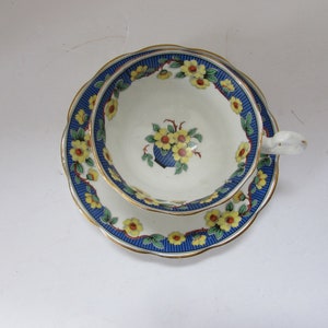 Vintage Cup Saucer Royal Albert Primrose Pattern Yellow Flowers Blue Band Made in England Bone China Vintage Table Ware Tea Cups