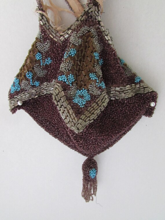 Antique Beaded Bag Pouch Style Purse Aubergine Be… - image 10