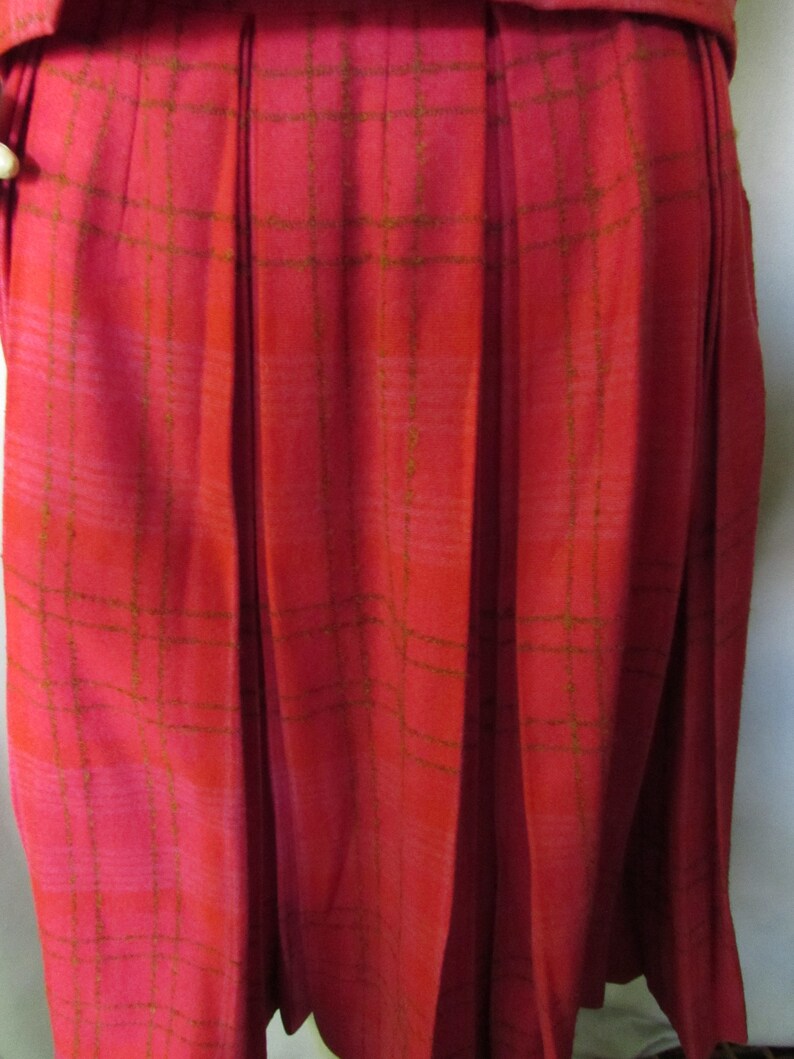 1960 Era Bobbie Brooks 2 Piece Suit Wool Blend Raspberry Plaid Boxy Jacket Fringed Neck Bow Dolman Sleeves Box Pleat Skirt Vintage Fashions image 4