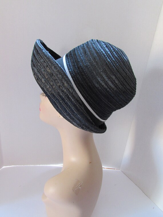 High Crown Hat Black Straw White Stripe Accent 19… - image 4