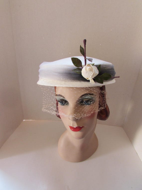 Vintage Mid Century Cocktail Hat With Ivory Velvet Leaf and Ribbon 1950’s il_fullxfull.6339245042_7qzj.jpg main image 4