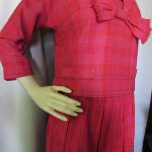 1960 Era Bobbie Brooks 2 Piece Suit Wool Blend Raspberry Plaid Boxy Jacket Fringed Neck Bow Dolman Sleeves Box Pleat Skirt Vintage Fashions image 6