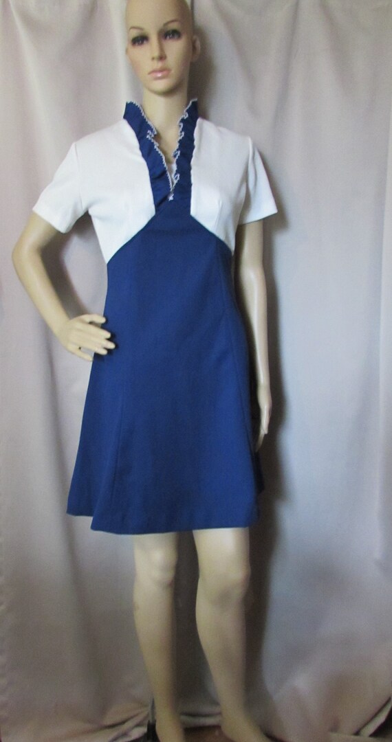 Vintage Clothing 1960 Era Polyester Dress Navy and