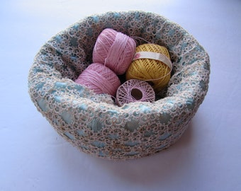 Vintage Sewing Box Hand Made Cream Tone Tatting Robin Egg Blue Satin Like Fabric Pink Marigold Crochet Thread Balls