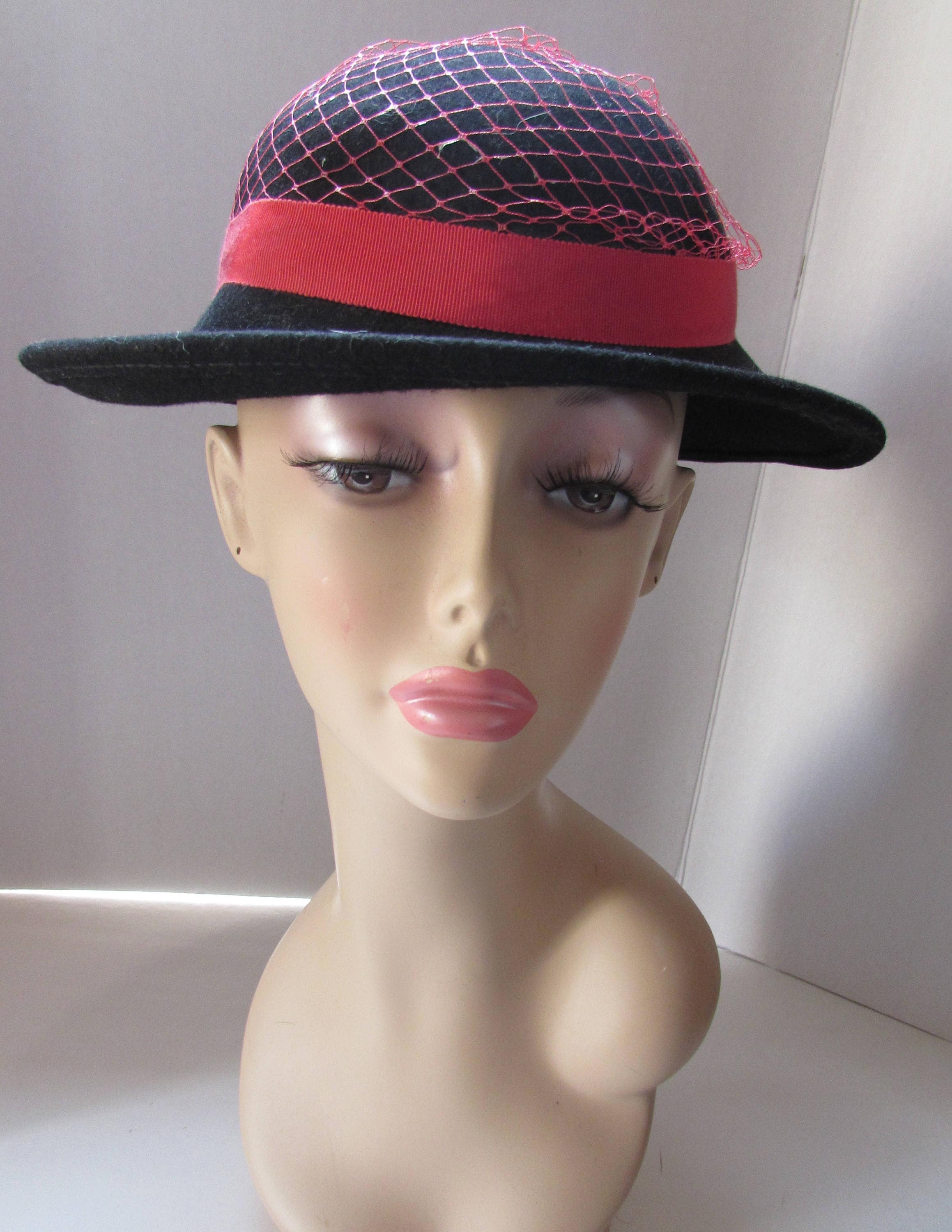 Mid Century Hat Black Felt Hat Red Ribbon Red Hat Veil Tear | Etsy