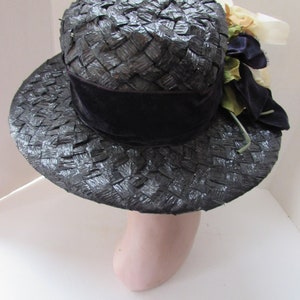 Mid Century Wide Brim Hat Black White Woven Cellophane White Roses Velvet Bow Vintage Hats Spring Hat Summer Hat High Fashion Hat image 5