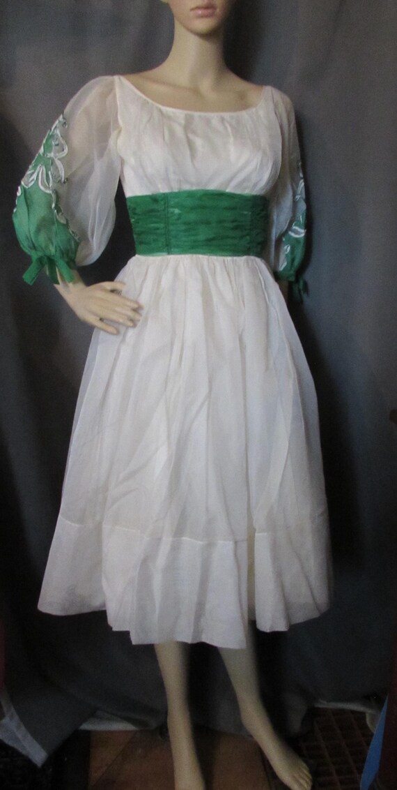 Special Event Dress 1956 Era White Chiffon Emerald Green Satin Topsey Originals Green Sleeve