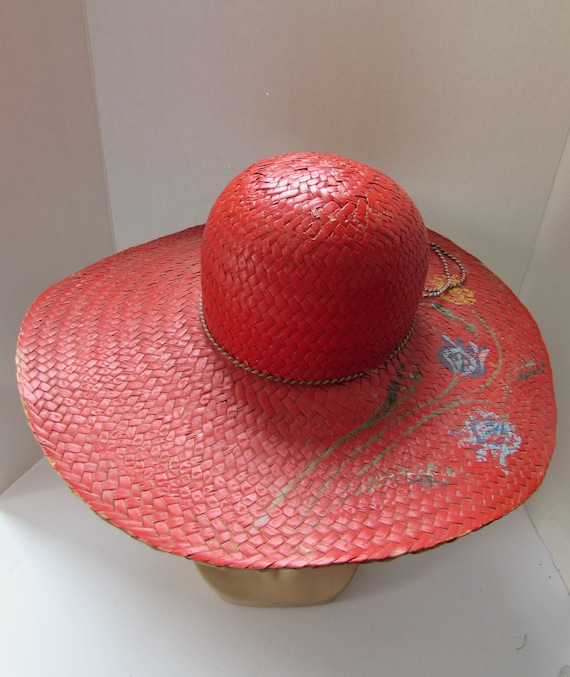 Vintage Wide Brim Red Straw Hat Vintage 1940s Red Straw Hat Wide Brim Flower Decoration  main image 3