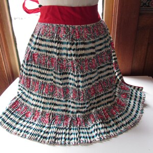 May include: A vintage apron with a red waistband and ties. The apron features a pleated skirt with a pattern of black and white stripes, teal accents, and pink floral designs. The apron is displayed on a mannequin.