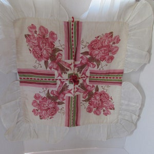 Vintage Pillow Top Cottage Style Pink Snapdragons Green Pink Stripe Red Ribbon Ruffled Edge Hand Made