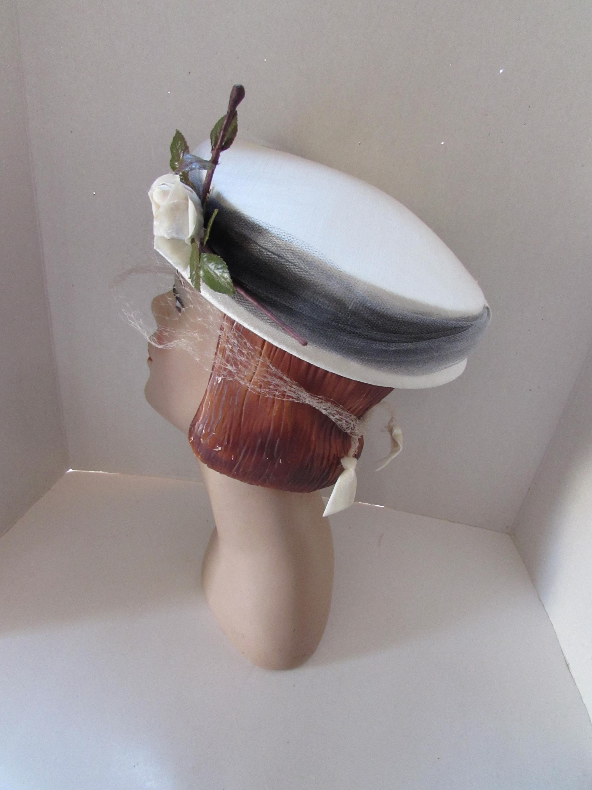 Vintage White Rose Hat, Gray Tulle Veil, Mid Century Style 