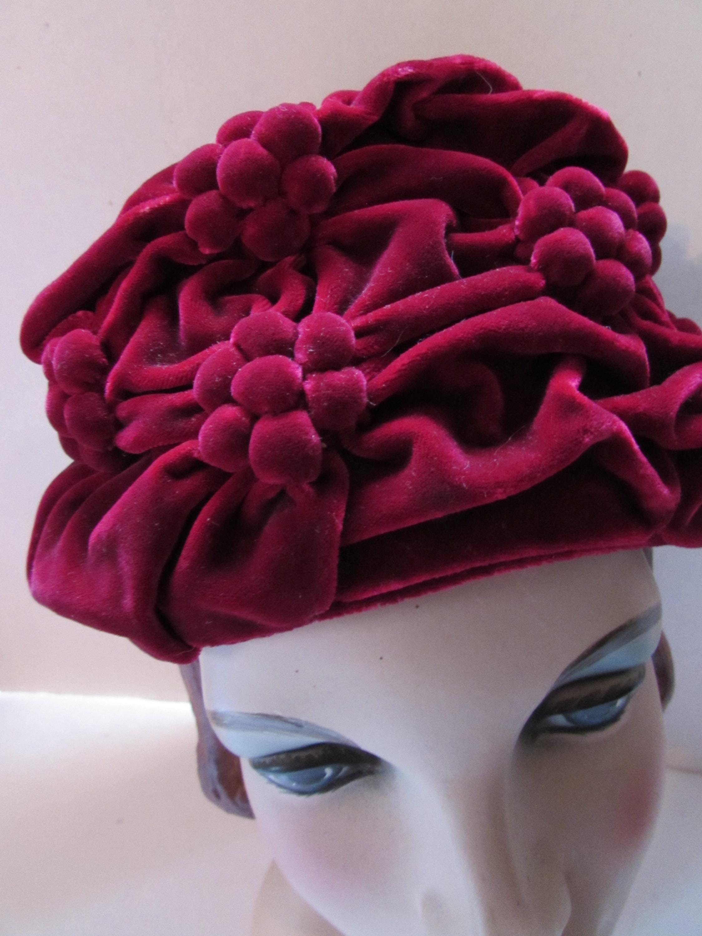 Trebor Original Velvet Hat Cranberry Color with Berries Splash of Color 2000s Phillip Treacy Cranberry Velvet Hat with Feather  main image 4