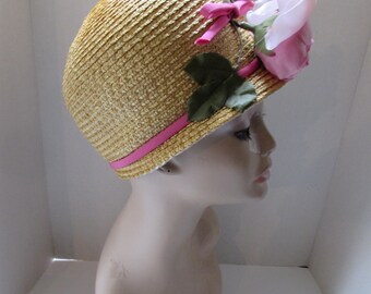 Mid Century Hat Cloche Style Straw Hat Pink Rose Owen display picture 1