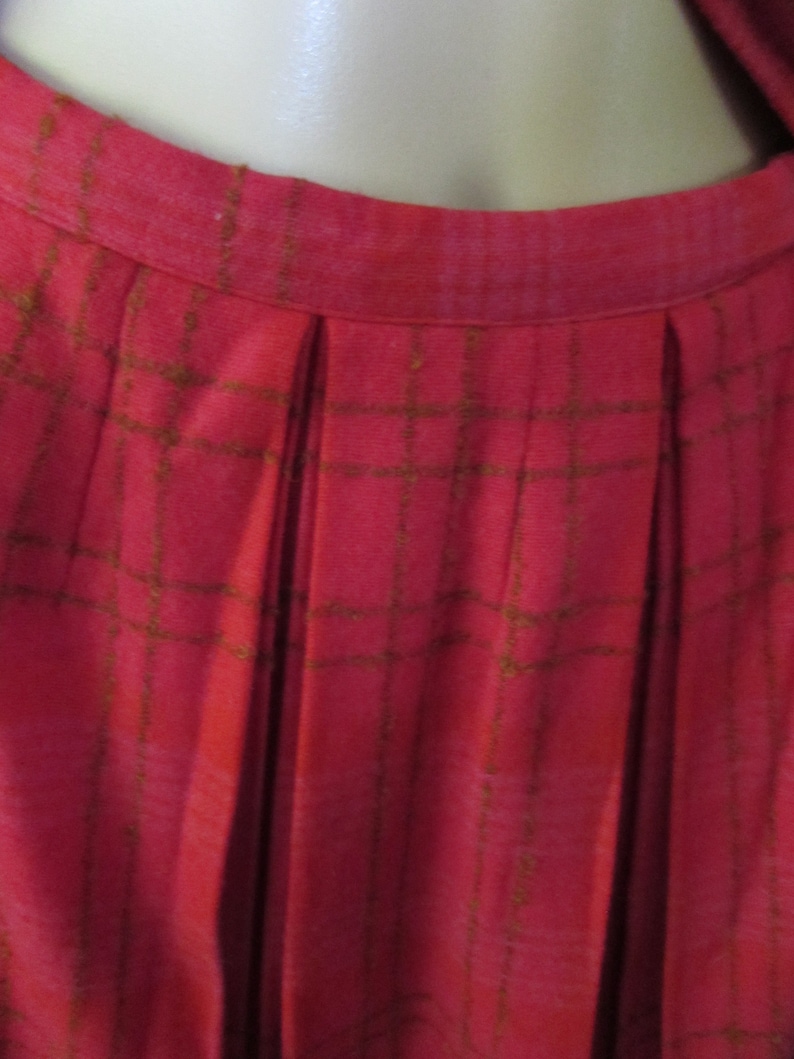 1960 Era Bobbie Brooks 2 Piece Suit Wool Blend Raspberry Plaid Boxy Jacket Fringed Neck Bow Dolman Sleeves Box Pleat Skirt Vintage Fashions image 7