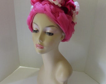 1960 Era Bouffant Hat Pink Roses Vintage Hat 1960 Era Bouffant Style Flower Blossoms Braided  main image 4