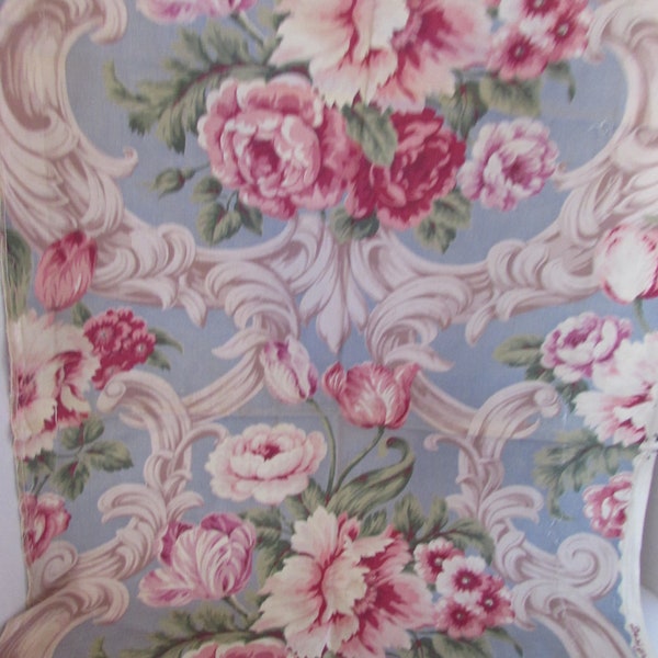 Fabric Remnant Baroque Design Pink Purple Flowers Cream Gray Frills Light Upholstery Weight Haymarket Pattern