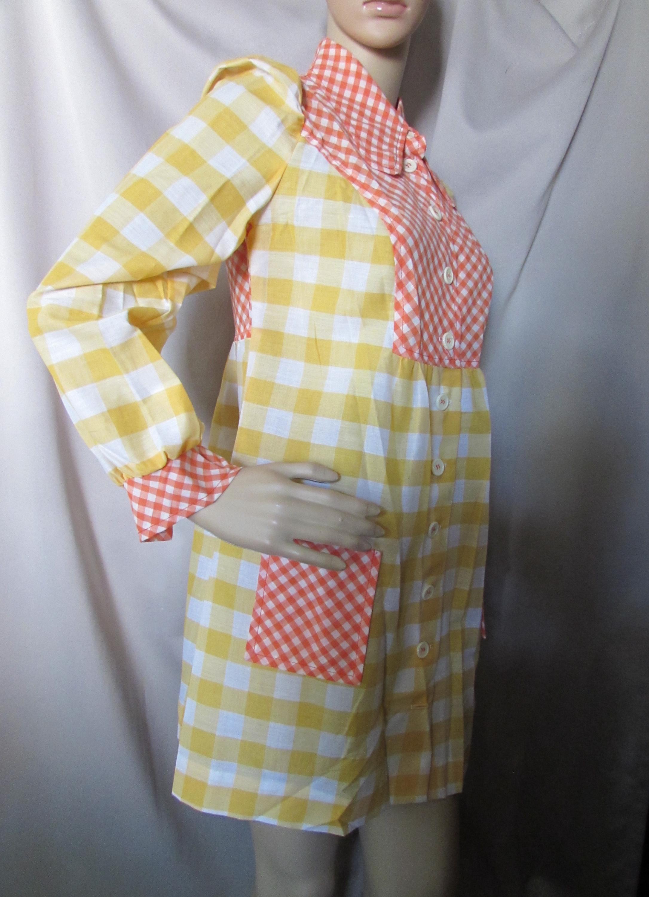Vintage Dress Mini Dress 1970 Era Fashions Orange White Gingham Yellow — free download